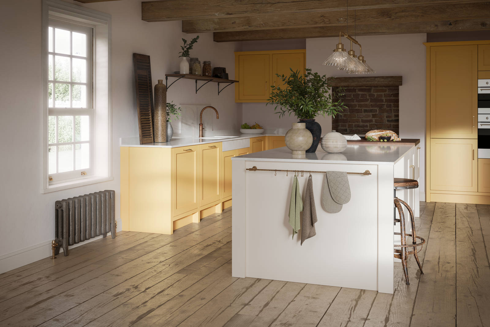 Open floorplan shaker kitchen in the bright and beautiful yellow shade Harvest, paired with a kitchen island with matching frame door cabinets in the shade Limestone.