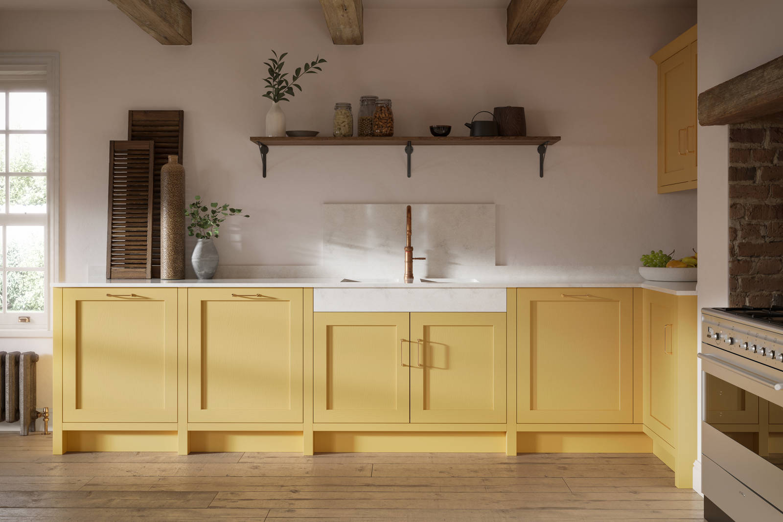 Shaker kitchen in the bright and beautiful yellow shade Harvest, paired with open wooden shelf and a marbled worktop.