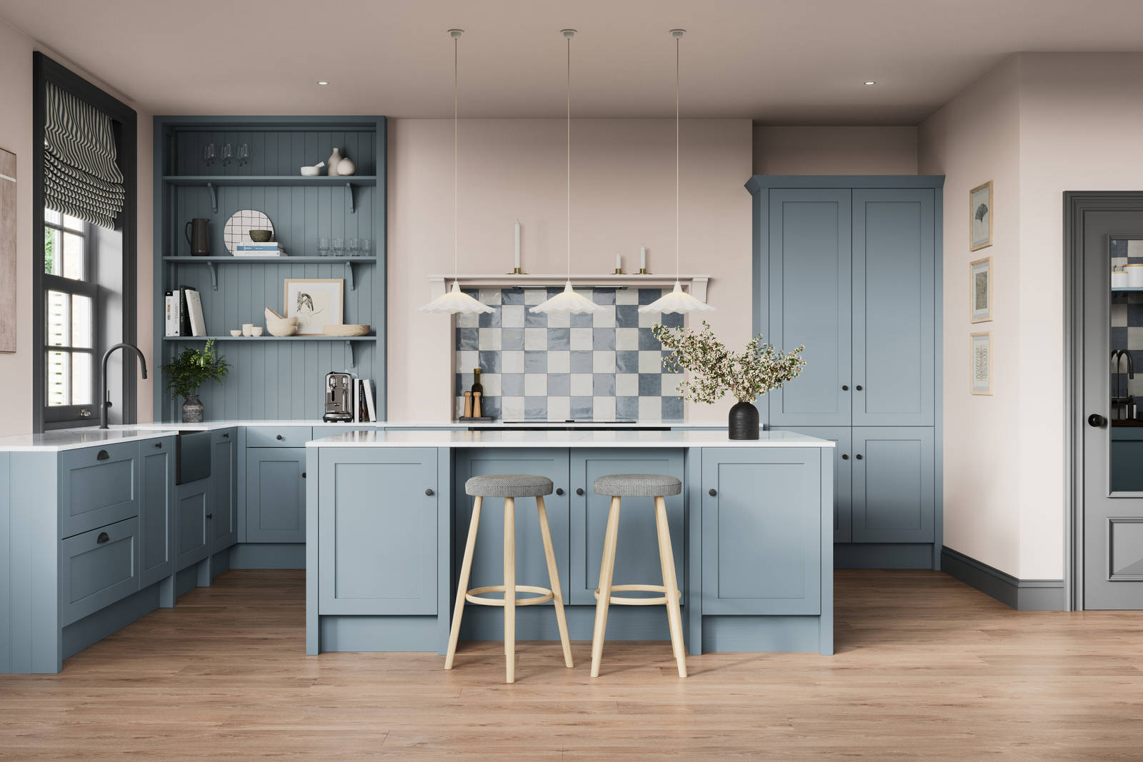 Premium Shaker kitchen Wardley Portland Blue including kitchen island with traditional detailing, black accessories, white worktop and matching blue open shelves with blue panelling and checkered tiling over range cooker.