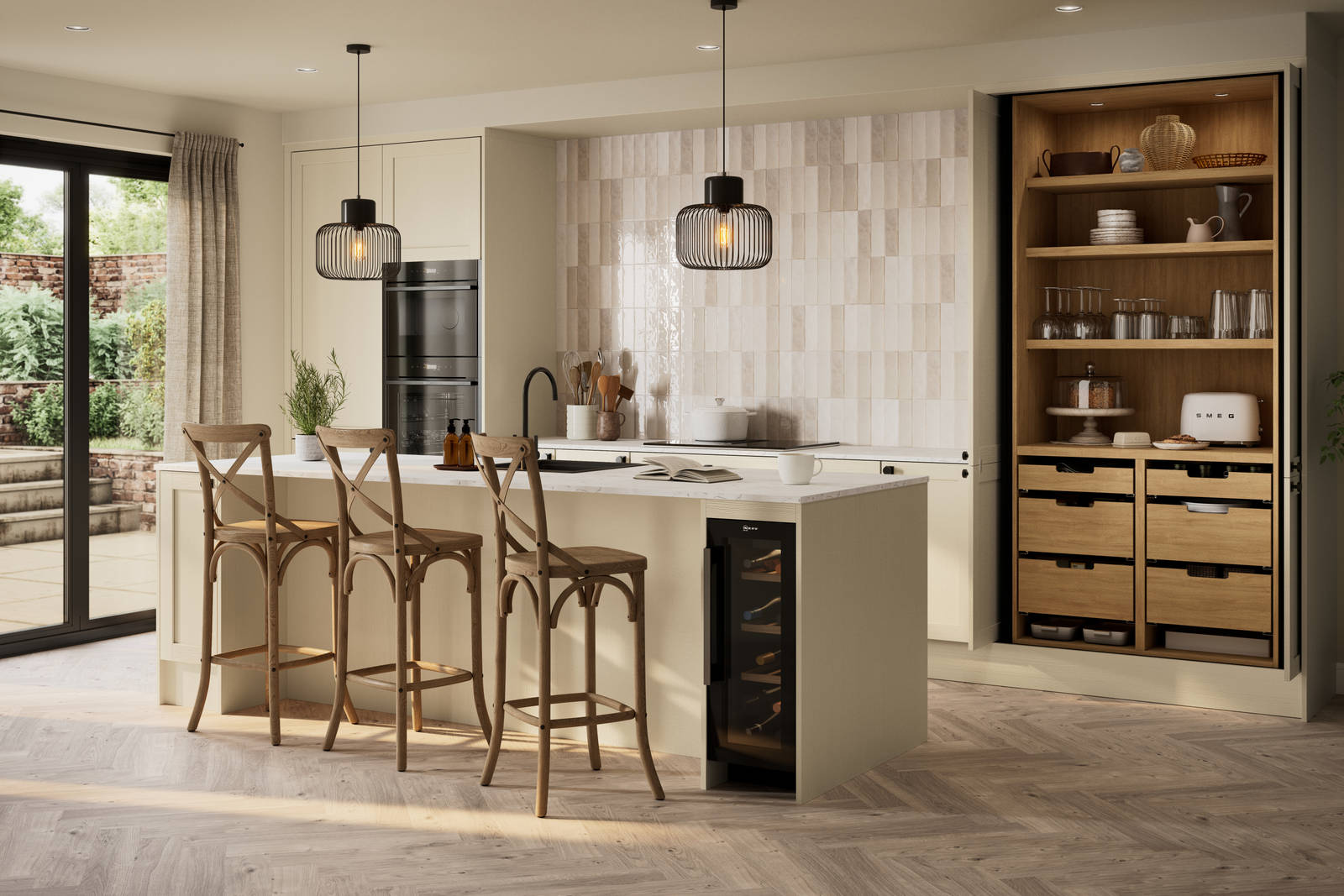 Contemporary Shaker kitchen Ambleside from Magnet in neutral shade Sand with black sink and tap in kitchen island, induction hob with extractor and tall cabinet pocket door larder, wine cooler in kitchen island.