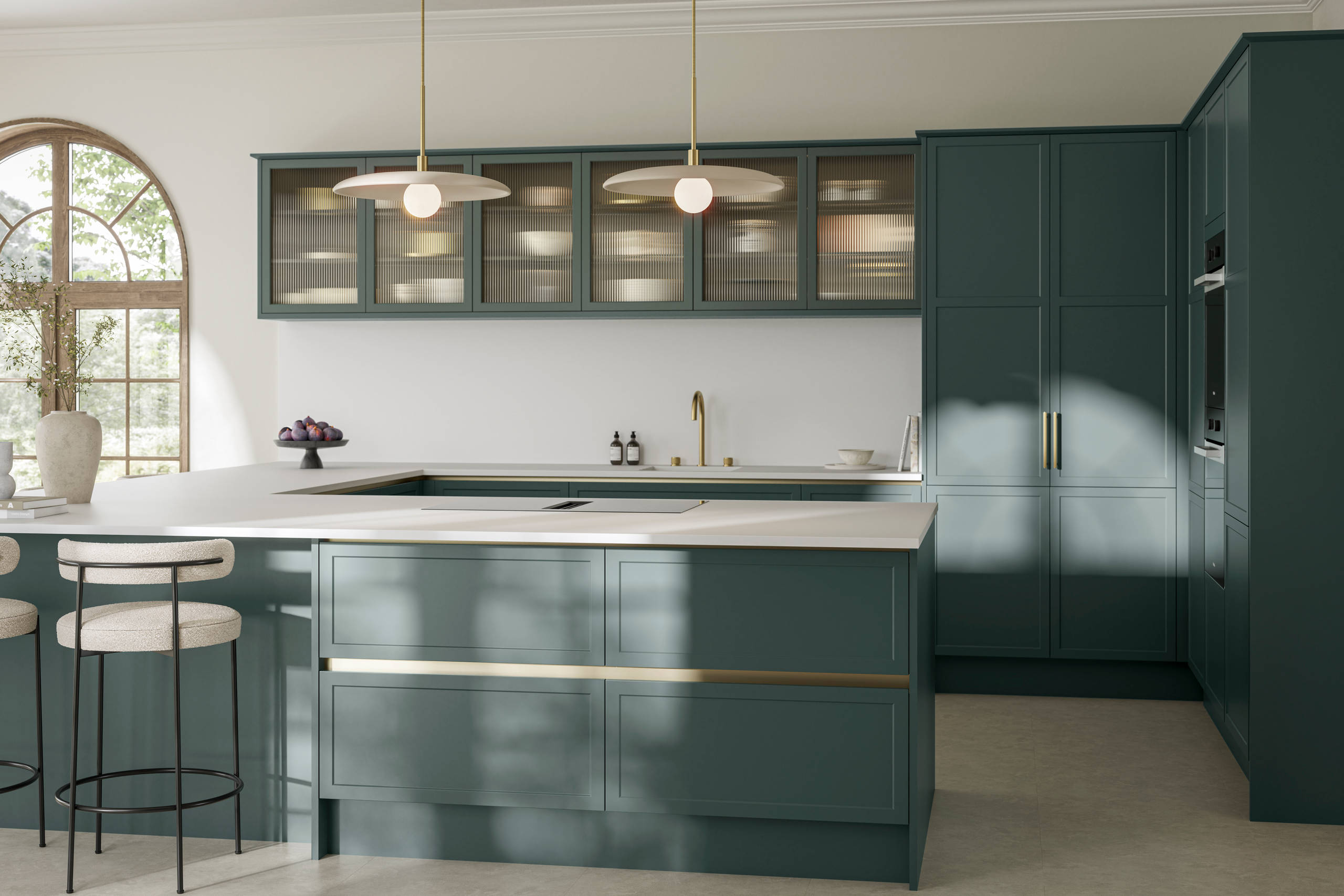 Handleless frame door Integra Brunswick Spruce G-shaped kitchen with Minerva white worktop and splashback, open plan Georgian extension, breakfast bar, fluted glass vitrine wall cabinets.