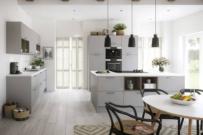 Nova by Magnet. Affordable slab door kitchen available in matt and super glass. 6 colours to choose from.