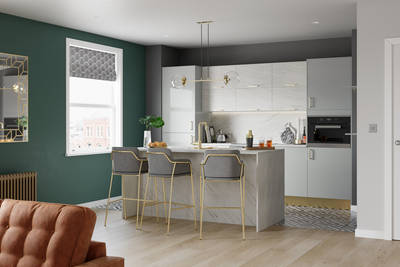 Nova by Magnet. Affordable slab door kitchen available in matt and super glass. 6 colours to choose from.