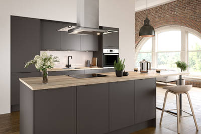 Nova by Magnet. Affordable slab door kitchen available in matt and super glass. 6 colours to choose from.