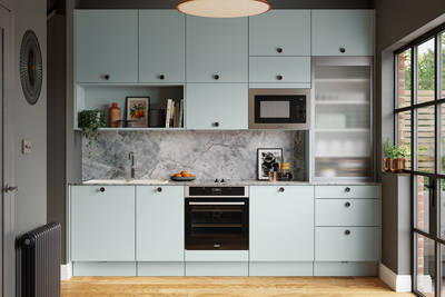 Soho from Magnet. Bold slab doors style this premium contemporary kitchen design available in 20 colours.