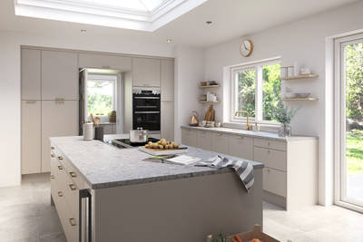Soho from Magnet. Bold slab doors style this premium contemporary kitchen design available in 20 colours.