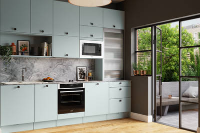 Soho from Magnet. Bold slab doors style this premium contemporary kitchen design available in 20 colours.
