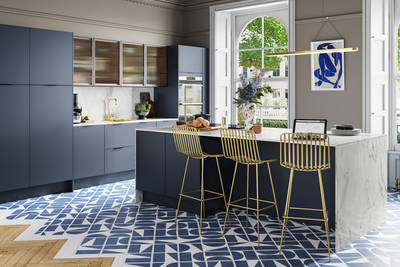 Hoxton kitchen. Smooth slab doors in a painted effect finish. Minimalist styling with your choice of handles and three colours.