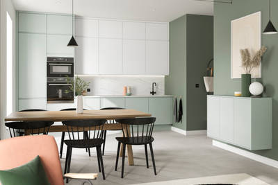 Minimalist kitchen design Luna, in the light and airy green shade Seagrass, with its integrated handle that gives any kitchen a beautiful, sleek finish.