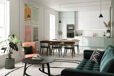 Minimalist kitchen design Luna, in the light and airy green shade Seagrass, with its integrated handle that gives any kitchen a beautiful, sleek finish.