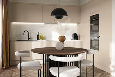 Luna in the shade Pebble is the ideal base for a minimalist kitchen design with its integrated handle that gives any kitchen a beautiful, sleek finish.