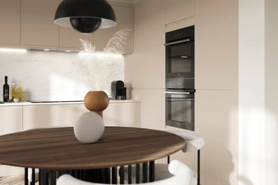 Luna in the shade Pebble is the ideal base for a minimalist kitchen design with its integrated handle that gives any kitchen a beautiful, sleek finish.