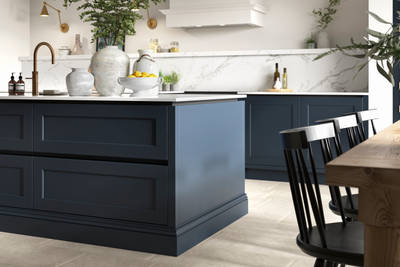 Close-up of kitchen island in Integra Ludlow, a contemporary take on a Shaker kitchen, with integrated handles.