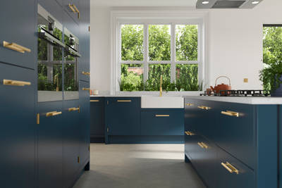 Soho Voyage Blue kitchen white porcelain wink, brass tap and matching brass handles.