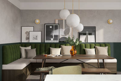 Integra Ascoli and Soho - a bright green and wood combination frameless slab door for a minimalist kitchen design.