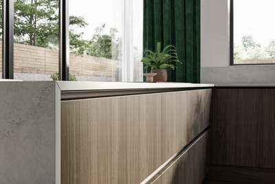 Integra Ascoli and Soho - a bright green and wood combination frameless slab door for a minimalist kitchen design.