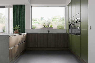 Integra Ascoli and Soho - a bright green and wood combination frameless slab door for a minimalist kitchen design.