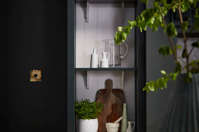 Ludlow, a traditional Shaker-style kitchen range featuring panelled doors with visible woodgrain and beading detail, in the shade Arboretum Green.