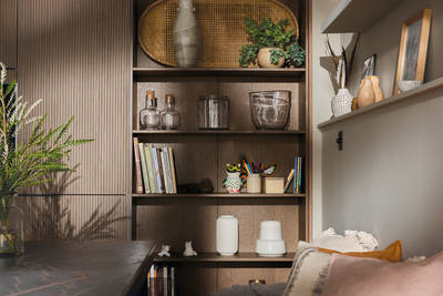 Open oak shelves in Magnet's kitchen Nordic Nature.