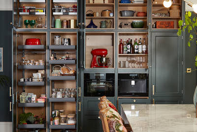 Ludlow, a traditional Shaker-style kitchen range in the shade Arboretum Green, kitchen larders