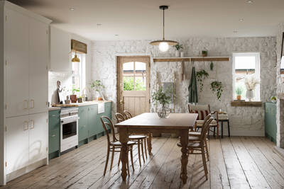 Full room view of contemporary cottage kitchen and dining room with Soho Eucaluptys and tall pantry cabinets in white.