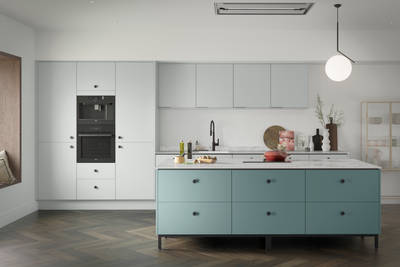 Soho Washed Cotton kitchen with a Morris Blue kitchen island, a modern slab door with a painted rather than foil surface, for a truly premium look.