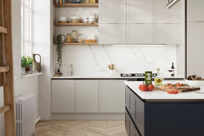 Integra Dunham from Magnet is a handleless shaker frontal, here shown in shades Dove grey and Midnight.