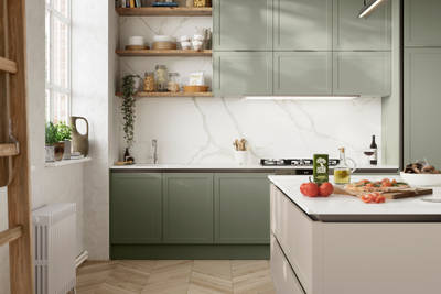 Integra Dunham from Magnet is a handleless shaker frontal, here shown in shades Misty Moors and Pebble path.