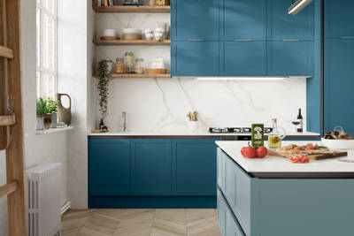 Integra Dunham from Magnet is a handleless shaker frontal, here shown in shades Voyage Blue and Sky.