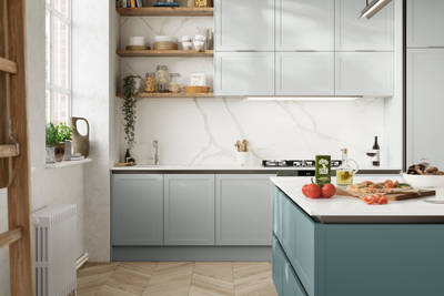Integra Dunham from Magnet is a handleless shaker frontal, here shown in shades Washed cotton and Morris blue.