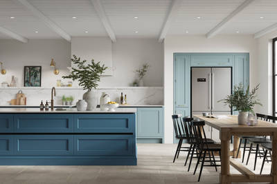 Integra Ludlow in shades Sky and Voyage Blue, a contemporary take on a Shaker kitchen, where the premium frontal features panelled doors with integrated handles.