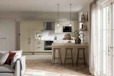 Full open plan room view of Tatton Sage from Magnet, a contemporary narrow frame shaker door.