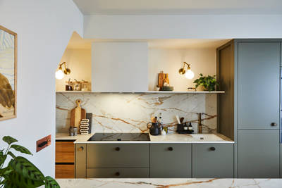 Modern slab Soho cabinets in the Balmoral colour, a soft beige green tone
