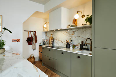 Modern slab Soho cabinets in the Balmoral colour, a soft beige green tone