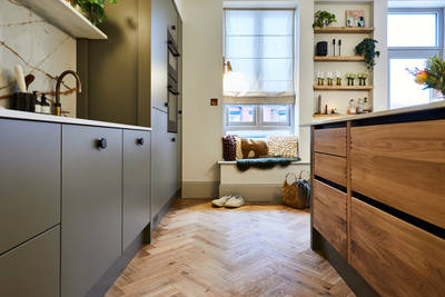 Modern slab Soho cabinets in the Balmoral colour, a soft beige green tone