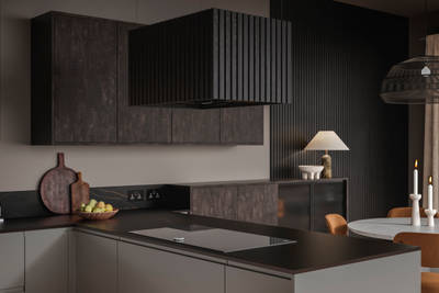 Contemporary clean lines and organic woodgrain texture combined with display cabinets with fluted glass doors.