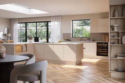 Modern Portobello Bosco organic woodgrain texture cabinetry and handleless Integra Soho Shell kitchen island from Magnet.