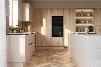 Modern Portobello Bosco organic woodgrain texture cabinetry and handleless Integra Soho Shell from Magnet.