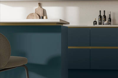 Modern and minimalist Integra Soho Carrington Blue kitchen, a frameless slab door with integrated handles in a smooth paint finish.