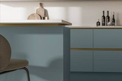 Modern and minimalist Integra Soho Duck Egg kitchen, a frameless slab door with integrated handles in a smooth paint finish.