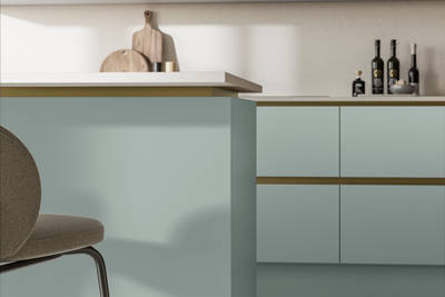 Modern and minimalist Integra Soho Sky kitchen, a frameless slab door with integrated handles in a smooth paint finish.