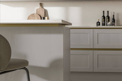Handleless Shaker kitchen Integra Wardley Sky is traditional and contemporary with its narrow frame door with integrated handles and a painted timber finish.