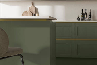 Handleless Shaker kitchen Integra Wardley Thyme is traditional and contemporary with its narrow frame door with integrated handles and a painted timber finish.