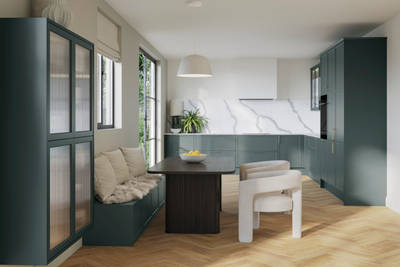 Modern muted green shaker Brunswick Spruce open plan kitchen with fluted glass vitrine cabinets matching green cabinet bench by the dining table, white and green splashback Quartz bianco calacatta.