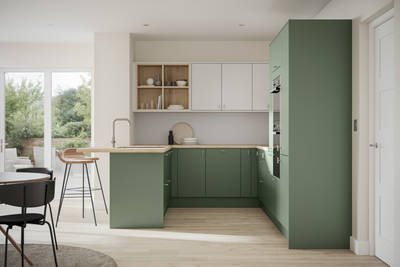 Scandi influenced fresh green Ascoli Woodland and light grey kitchen with timber details such as open shelf top cabinets, oak laminate worktop and oak laminate floor.