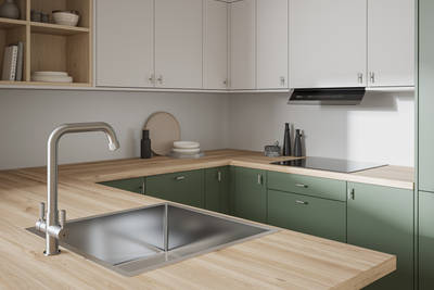 Oak laminate worktop in contemporary scandi influenced Ascoli Woodland and light grey kitchen, with a steel sink and tap and knurled brushed nickel t-bar knobs.