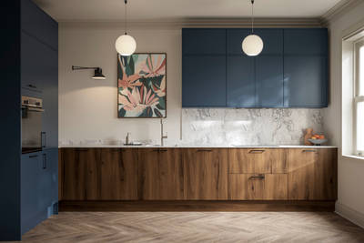 Contemporary Ascoli Mineral Blue tall cabinets and wall cabinets over Portobello Umbra kitchen cabinets with marbled compact laminate worktop, black handles and Amtico smouldered oak herringbone flooring.