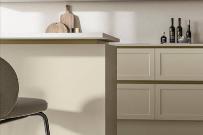 Integra Dunham Parchment, with brass details and a white worktop.