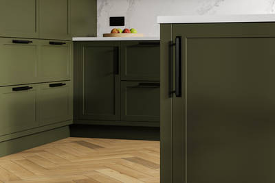 Dunham in shade Tailored Green has a thin frame and smooth painted finish with no visible woodgrain, providing a contemporary feel to a traditional look..
