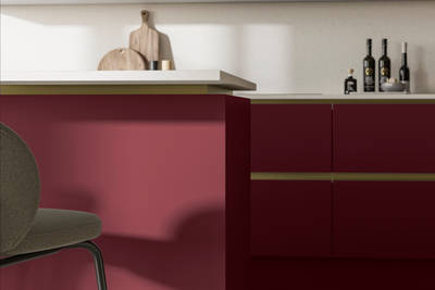 Modern and minimalist Integra Soho Morello kitchen, a frameless slab door with integrated handles in a smooth paint finish.